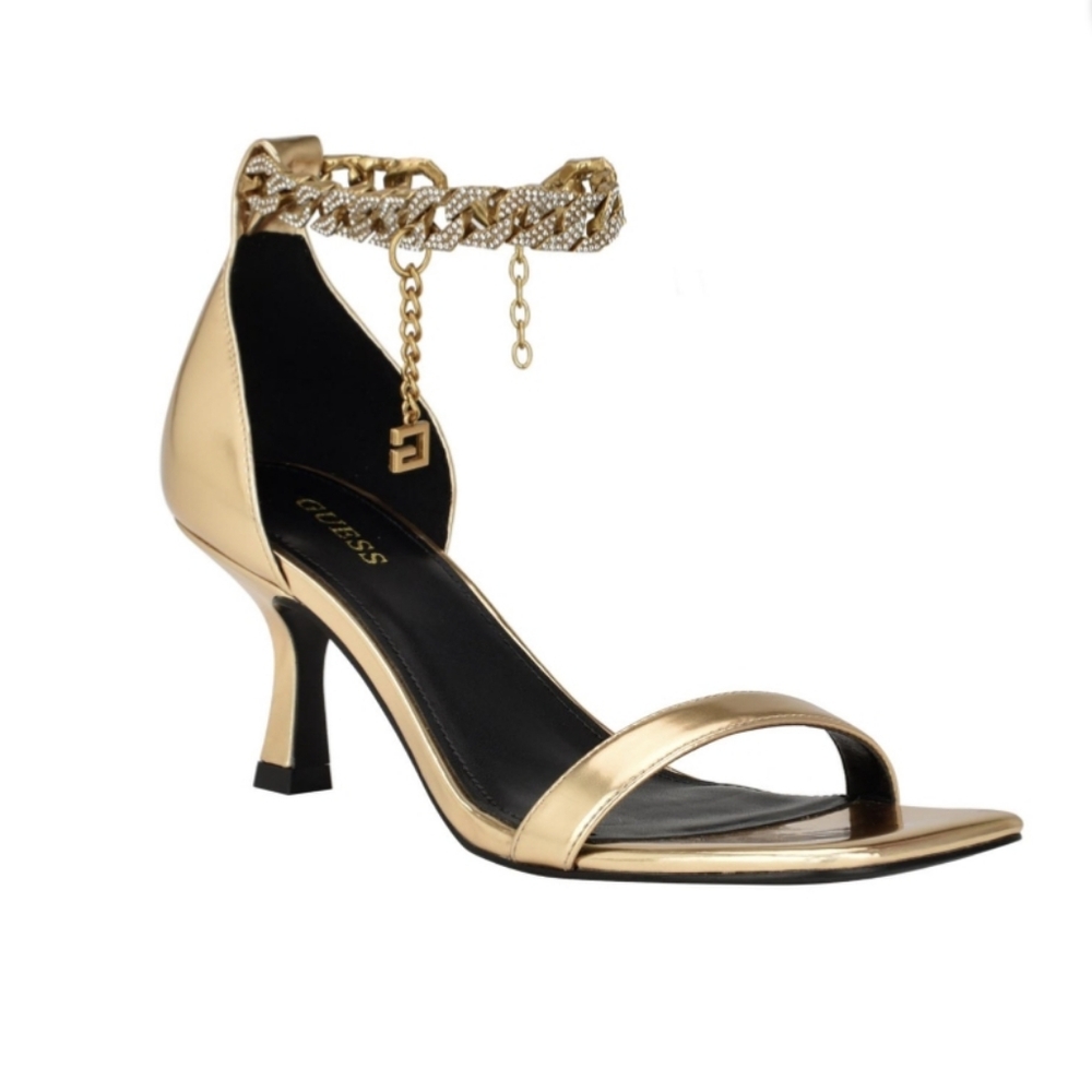 NWT GUESS Womens Gold Ankle Chain Remo Toe Kitten Heel Sandals Shoes 9 M